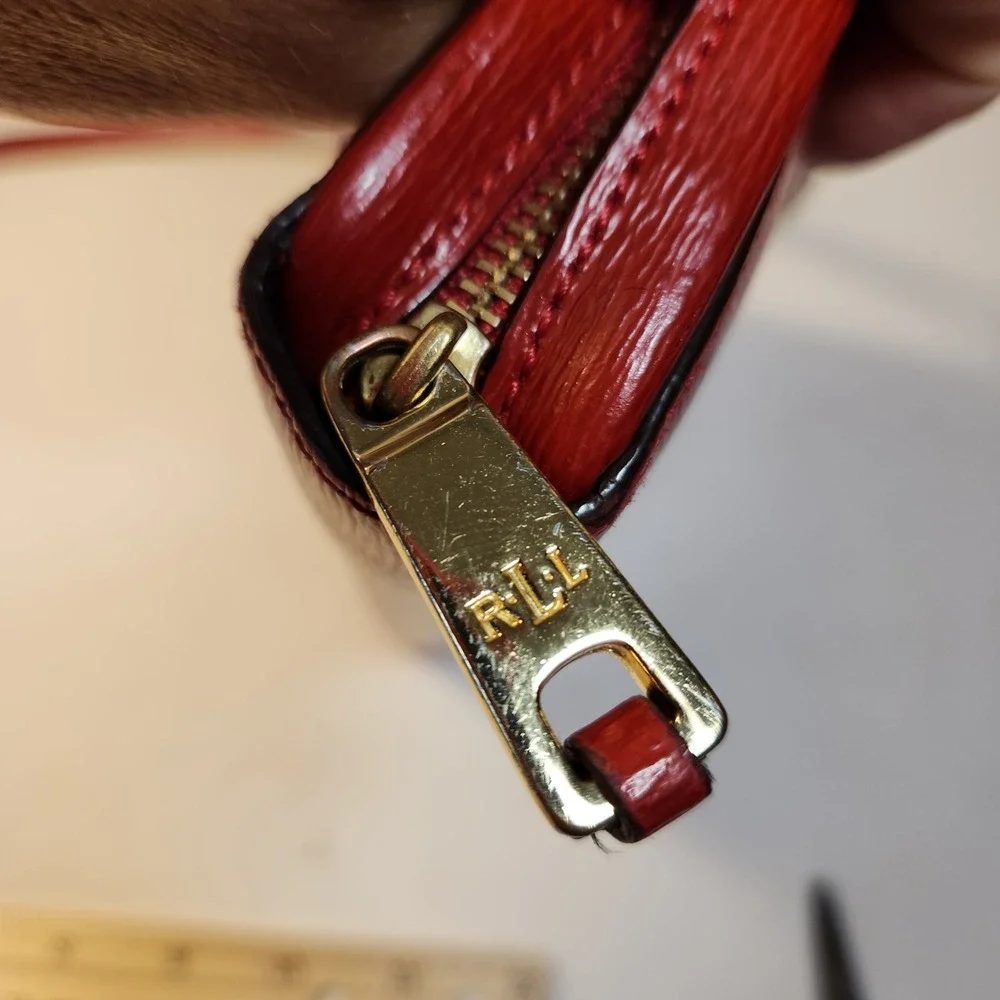 Lauren Ralph Lauren Red Textured Leather Crossbody Camera Bag Gold RLL Logo